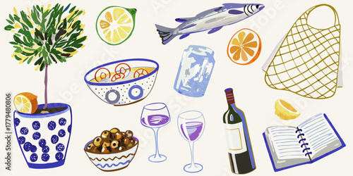 A vibrant and whimsical illustration of food and drink items arranged in a scattered composition