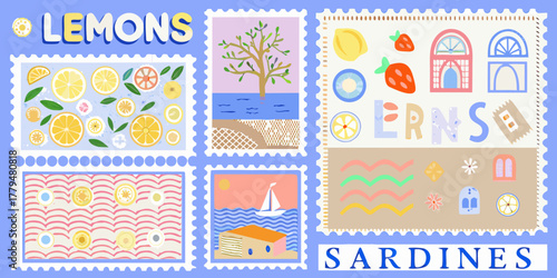 Collection of charming postage stamps featuring lemons strawberries and mediterranean seaside scenes