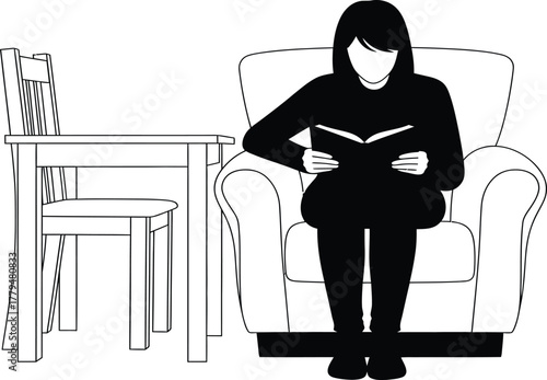 Woman reading book on armchair beside table and chair, cozy home interior silhouette, black vector illustration, minimalist design, isolated art