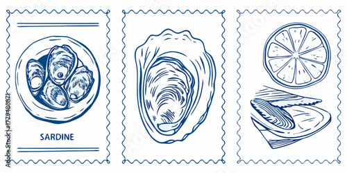 Hand drawn illustration of sardines oysters and lemon slice in blue ink on white background