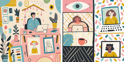 Diverse people collaborating and working remotely on laptops in a stylized colorful illustration