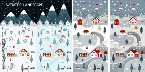 Charming winter village scenes with snow covered mountains and cozy houses