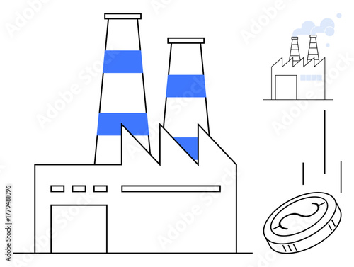 Industrial facility with smokestacks, small factory emitting smoke, falling coin. Ideal for economy, industry, manufacturing, investment, production environmental concerns financial growth. Simple
