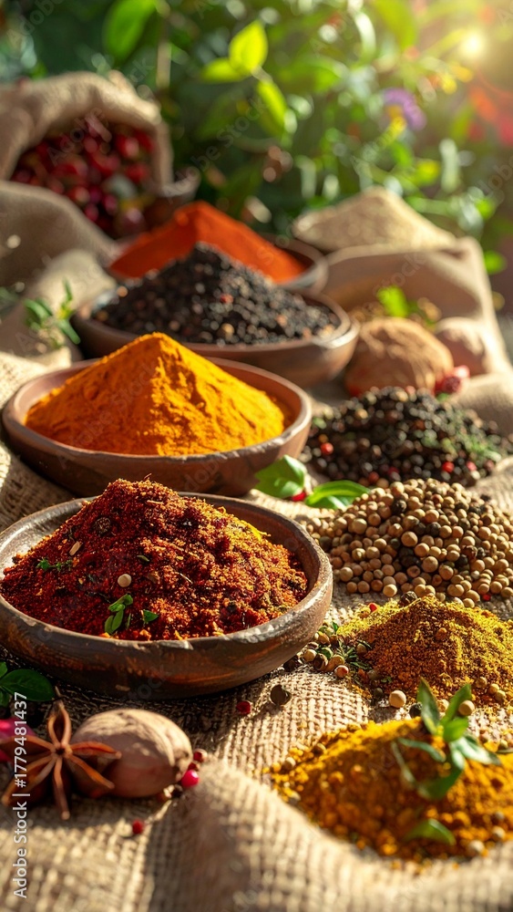 Fototapeta premium Vibrant Turmeric, Chili, and Peppercorn Spices in Rustic Bowls with Golden Sunlight and Greenery.