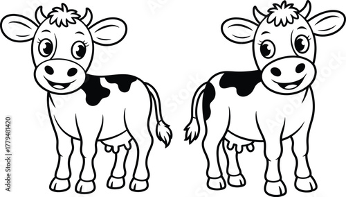 Cute cartoon cow line art illustration, black and white farm animal drawing for kids coloring book and educational design