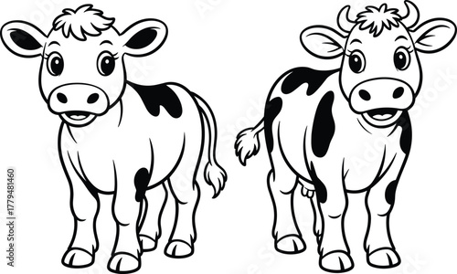 Cute cartoon cow line art illustration, black and white farm animal drawing for kids coloring book and educational design