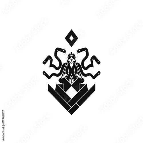 Stylized illustration of a figure with serpent like forms on a white background