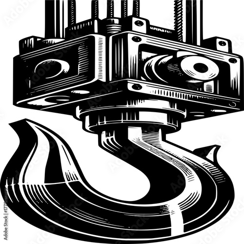 Industrial Lifting Mechanism: A detailed monochrome illustration of a heavy-duty industrial hook mechanism, showcasing precision engineering and the power of mechanics.
