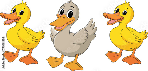 Cute cartoon ducklings illustration, funny baby ducks, black and white coloring page, yellow duck characters, animal kids art, nursery design, vector