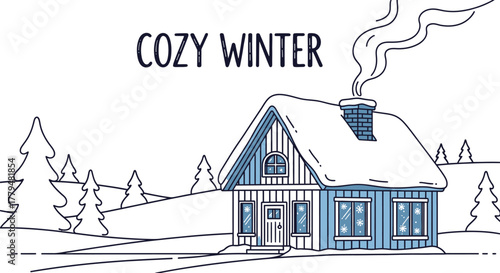 Illustration of a cozy winter cabin scene with snow and smoke on a light blue sky