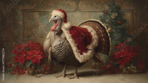  Christmas Turkey (Meleagris gallopavo) in Santa Cape with Holiday Decorations and Painting Texture
