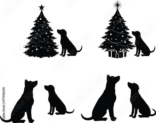 Christmas tree silhouette, holiday dog illustration, festive pet design, winter celebration graphic, seasonal decoration vector, animal companion artwork, gift scene