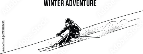 Skier speeding down a snowy slope in black and white winter sports illustration