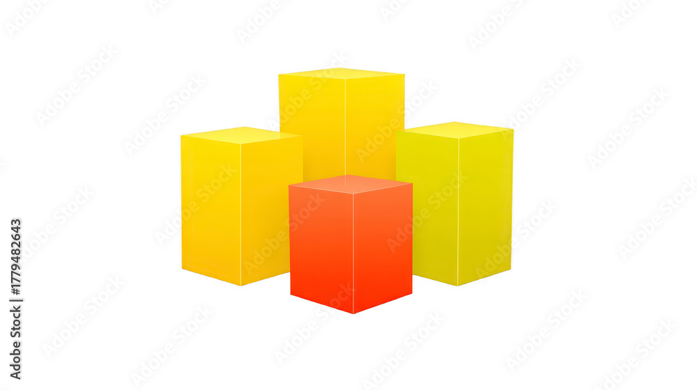Obraz premium Yellow and orange rectangular podiums arranged in group, isolated on transparent background, modern geometric display for product presentation or exhibition, minimalistic and vibrant