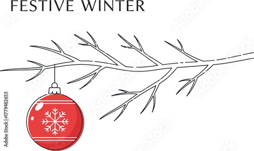 Red christmas ornament hanging from a snowy branch in a festive winter scene