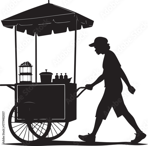 Street vendor pushing cart silhouette cartoon illustration, symbolic service and expressive gesture artwork for lifestyle and urban design