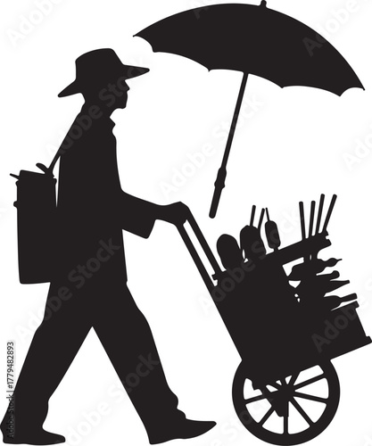 Street vendor pushing cart silhouette cartoon illustration, symbolic service and expressive gesture artwork for lifestyle and urban design