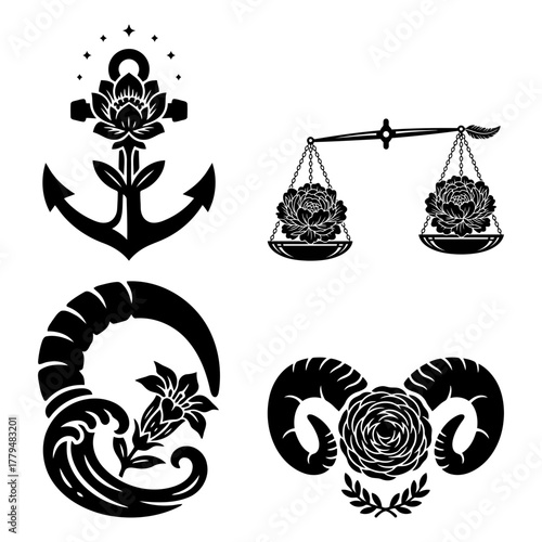 Four unique nautical emblems, each with a distinct design