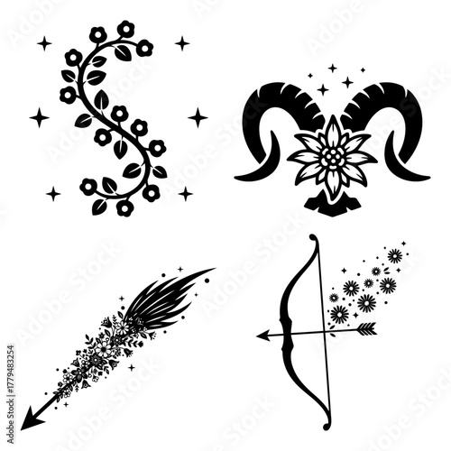 Set of four zodiac signs in black and white astrology concept
