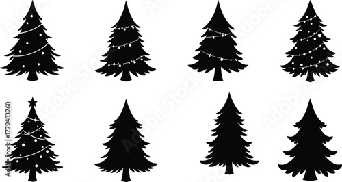 Christmas tree silhouettes collection, decorated festive pine trees, holiday season vector illustration, winter forest design, decorative evergreen art, cad drawing flat vector illustration
