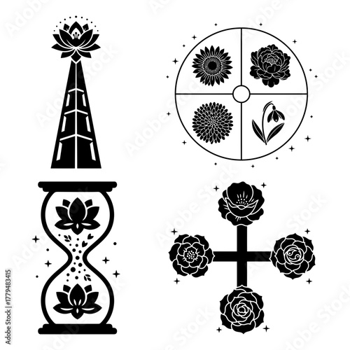 Four mystical symbols featuring flowers and geometric shapes