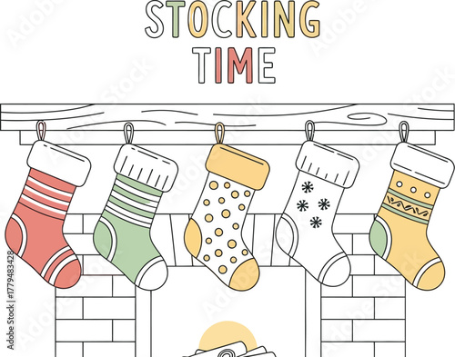 Colorful christmas stockings hanging on a fireplace mantel for stocking time fun