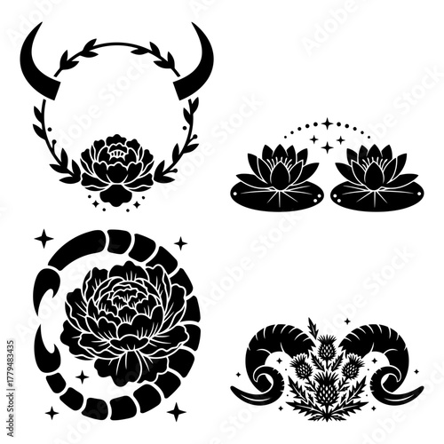 Four mystical symbols featuring flowers, horns and scorpion