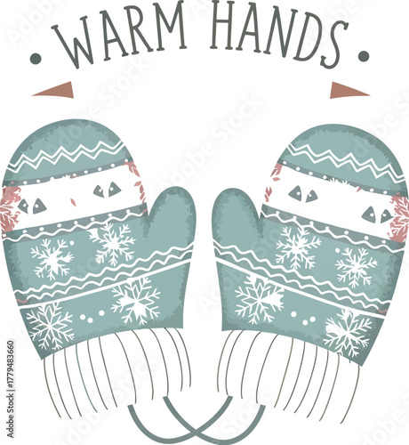 Winter mittens with snowflakes and zigzags keep hands warm in cold weather