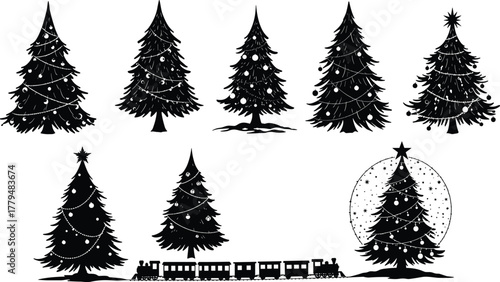 Christmas tree silhouettes with festive decorations, holiday train vector illustration, winter forest design, decorative evergreen art, cad drawing flat vector illustration