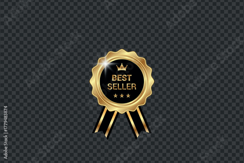 Golden best seller badge with crown and ribbon on transparent background for product promotion and quality guarantee concept design