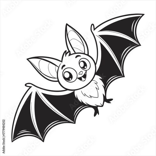 Cute cartoon bat with big eyes and outstretched wings flying happily