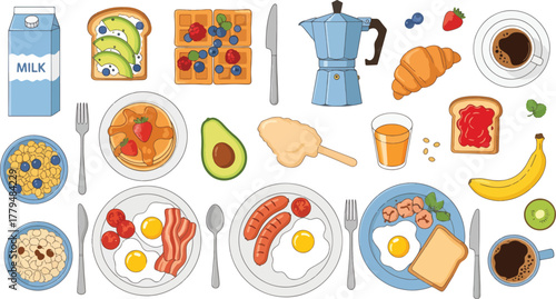 Overhead view of a delightful breakfast spread, featuring classic dishes and fresh ingredients