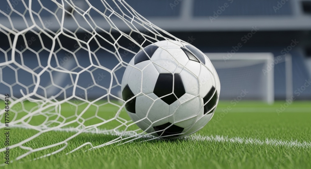 Fototapeta premium Spectacular goal winning the match with modern soccer ball hitting the net with power and precision for athletic sport and recreational celebration