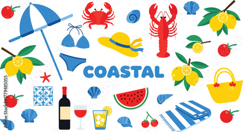 Coastal summer set with beach elements for vacation and holiday designs