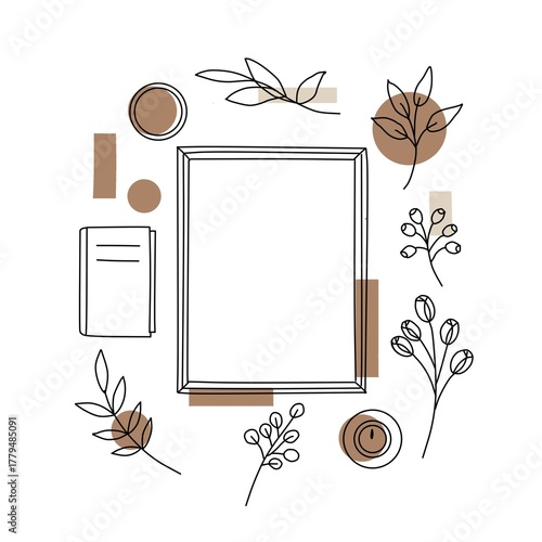 Modern aesthetic flat lay composition featuring a blank frame mockup surrounded by delicate line art botanical elements and abstract minimal shapes in earthy tones (beige, brown, taupe)