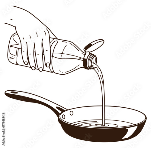 Hand pouring oil from bottle into frying pan cooking preparation vector illustration