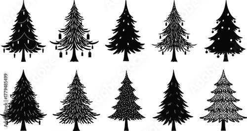 Christmas tree silhouettes, festive holiday decoration set, winter celebration graphic, seasonal ornament design, pine fir spruce collection, vector illustration artwork