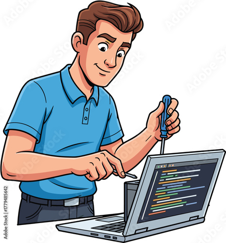 Software technician debugging laptop cartoon illustration, symbolic service and expressive coding character artwork for design and education
