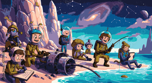 Astronauts on a planetary shore engage in fishing and leisure activities near a spacecraft, surrounded by a cosmic landscape with multiple planets and stars.