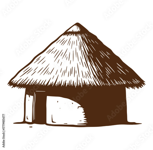 Hand-drawn illustration of a rustic african hut with a thatched roof isolated on white