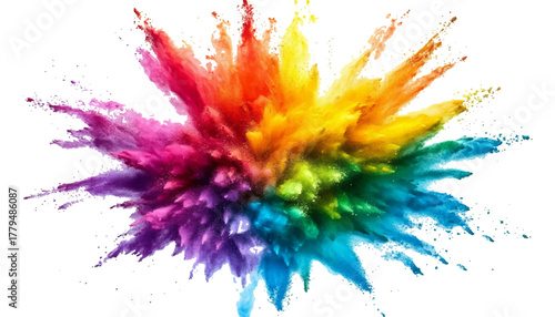 Explosion of colorful powder clouds creating abstract rainbow energy burst. Vibrant explosion of colorful holi paint powder in the air, creating a rainbow effect against a white background.