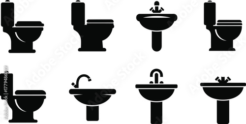 Bathroom fixture silhouettes, toilet icons, sink designs, plumbing symbols, faucet styles, black vector set, architectural elements, home improvement graphics