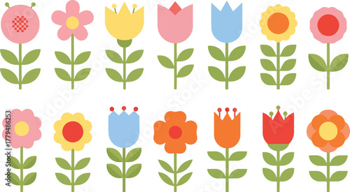 Set of colorful flowers cute floral vector illustration in flat style