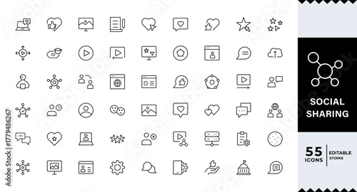 Pixel Perfect, Essential Social Sharing Icons. Professional Social Sharing Icon Set Vector Illustration. Most Useful Icons for Social Networks, Communication, and Content Sharing