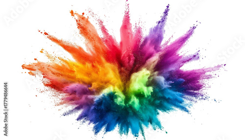 Explosion of colorful powder clouds creating abstract rainbow energy burst. Vibrant explosion of colorful holi paint powder in the air, creating a rainbow effect against a white background.