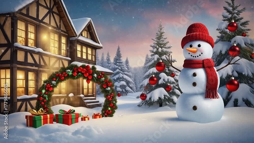 Enchanting Christmas Village Winter Scene with Snowman