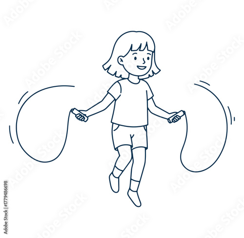 Happy girl jumping rope in a playful line art illustration of exercise and childhood