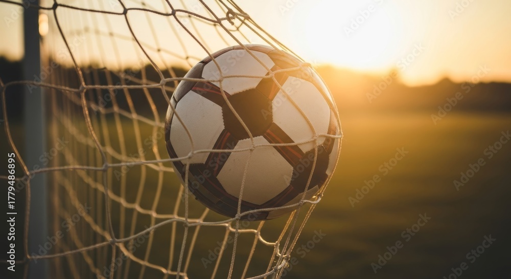 Naklejka premium Dynamic soccer goal at sunset embodies passion and skill, perfect for sports marketing, fitness campaigns, and inspiring athletic achievement
