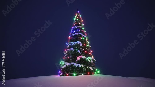 Majestic Snowy Christmas Tree Illuminated by Vibrant Lights at Night