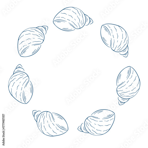 Snail shell circle wreath border in line art style. Ocean and marine theme concept for decoration or frame design.